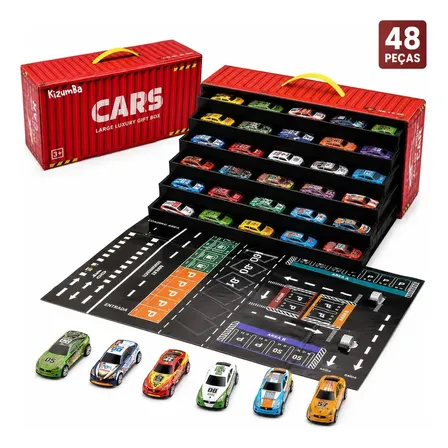 Kit 48 Mini Carrinhos de Metal Escala 1:64 com Container Vermelho que Vira Pista Carrinhos de Fricção Miniatura de Carro Colecionável Liga Metálica Infantil Kizumba