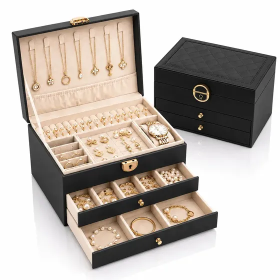 Porta Joias Luxo 3 Andares Com Chave Organizador maleta Anéis Brincos Colares Pulseiras Eps-8240 Cor Preto