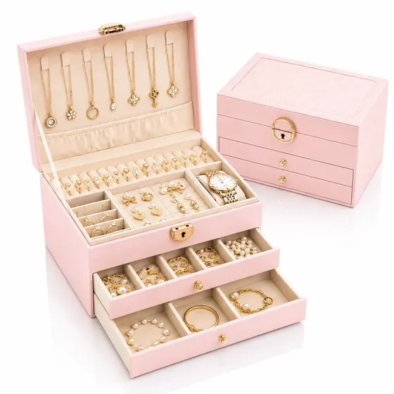 Porta Joias Luxo 3 Andares Com Chave Organizador maleta Anéis Brincos Colares Pulseiras Eps-8240 Cor Rosa