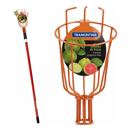 Colhedor De Frutas Gancho Tramontina 12 Cm Com Cabo Vara Apanhar Limão E Laranja Goiaba Extensor Telescópio 2 M Metálico - Cor Laranja Laranja-claro