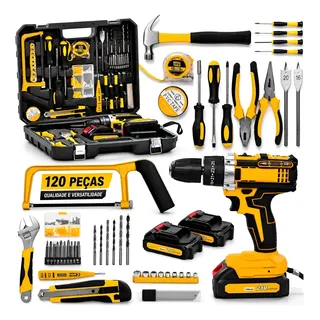 Kit Furadeira Parafusadeira Motor Brushless 21v Profissional Forte Com Maleta Ferramentas 120 Peças Martelo Chave Fenda Philips Trena Brocas Alicate Estilete Soquetes 2 Baterias Completa Multiuso