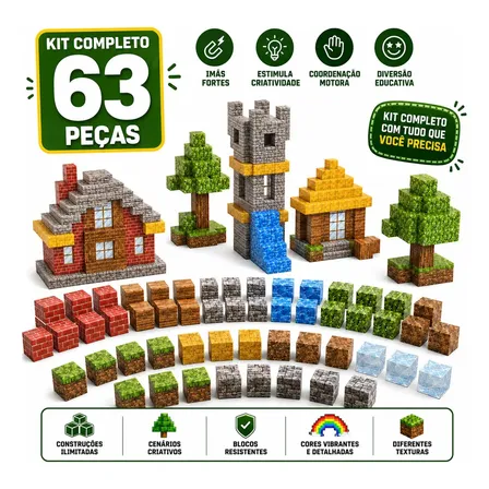 Kit 63 Blocos Magnéticos De Montar Construção Cubo Imã 3D Tipo Craft Pixel Brinquedo Empilhamento Educativo Infantil Presente Criativo Criança Lar Commex