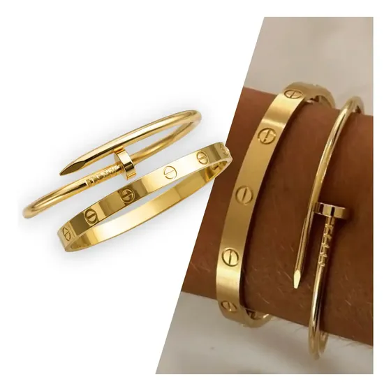 Kit 2 Pulseiras Bracelete Feminino Trevo Prego Love Aço Inox Dourado 18 Cm