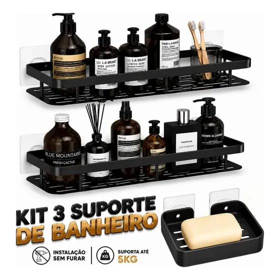 Kit 3 Suporte Porta Shampoo Sabonete Banheiro Adesivo Parede Sem Furos Box Luxo Prateleira Organizador Universal