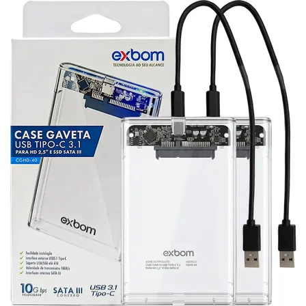 Kit 2 Case Hd Externo Exbom Gaveta Hd/ssd Usb 3.1 Tipo C Sata Iii + Cabo Usb Tipo C 2 Unidades