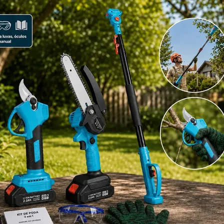 Motosserra Sem Fio Tesoura Poda E Extensor Kit Completo 48v Preto E Azul Com Duas Baterias Elétrica Com Extensor Azul E Preto 127/220v
