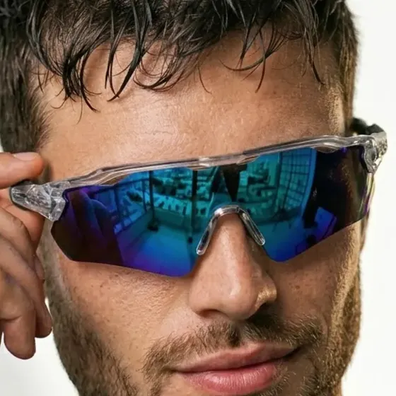 Oculos De Corrida Correr Bike Pedal Ftv Esportivo Uv400 Moda Cinza Cristal Azul Espelhado