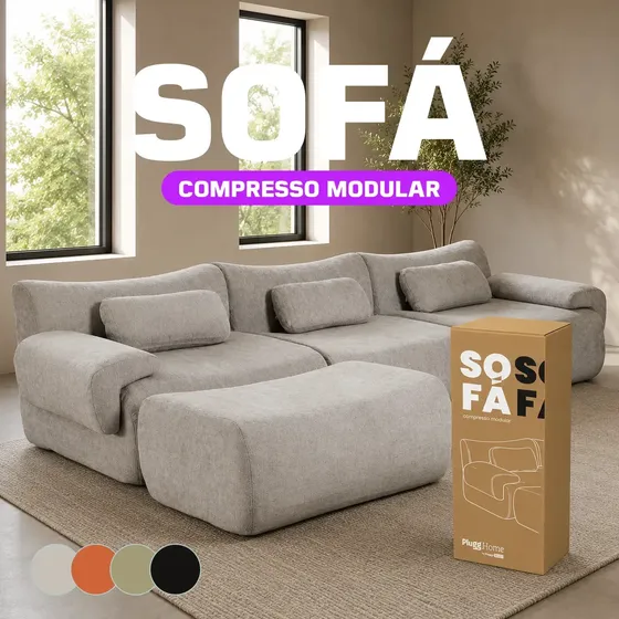 Sofá Compresso Modular 3 Lugares na Caixa 2,74m com Puff de Apoio Aurora Tecido Chenille Premium até 150 Kg 2 em 1 Multifuncional Modelo SC01 Linha PluggHome by Pluggei Select Cor Cinza