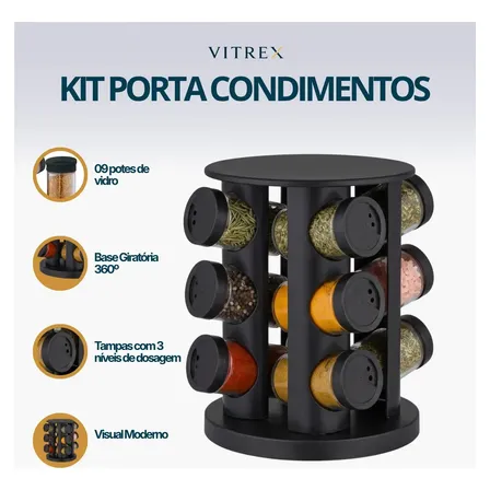 Kit Porta Condimentos Vitrex 9 Potes Em Vidro Preto Com Base Giratória