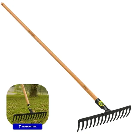 Ancinho Rastelo 16 Dentes de Ferro Curvo Tramontina Reforçado Grande C/ Cabo de Madeira 120cm Para Rastelar Grama