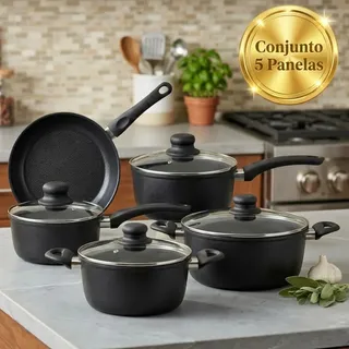 Jogo de Panelas Antiaderente 5 Peças Indução Revestimento Cerâmico Cozinha Frigideira Preta Pítia