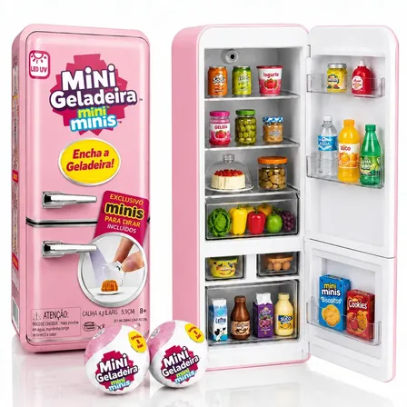 Mini Geladeira de Brinquedo Epsilon Rosa com Luz LED e 2 Cápsulas Surpresa
