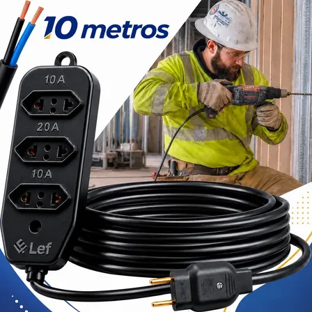 Extensão Elétrica 10 Metros Cabo Pp Reforçado 10a 20a Obra Preto 127/220v