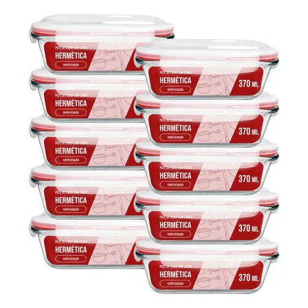 Kit 10 Pote Marmita Vidro Hermético 370ml Retangular 4 Trava Vermelho