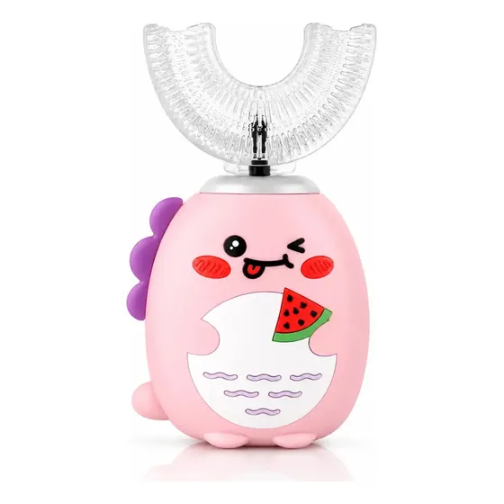 EPS-4791 Escova De Dente Elétrica Infantil Silicone Recarregável USB Ultrassônica 360° Dinossauro Cor Rosa
