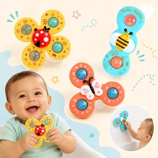 Kit 3 Spinner Brinquedo Bebê Gira C/ Ventosa Sensorial Banho Colorido