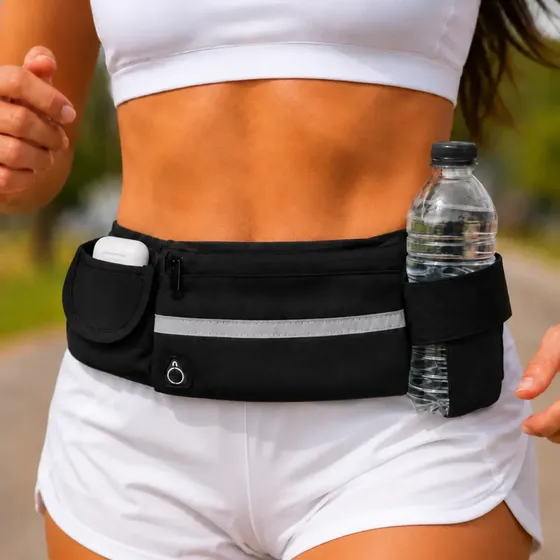 Pochete Esportiva Antifurto Corrida Com Suporte Para Garrafas Com Saída Fone De Ouvido Reforçada Resistente Ultra Slim Fitness Pochete Cintura Para Exercícios Academia Prova D'agua Cor Preto