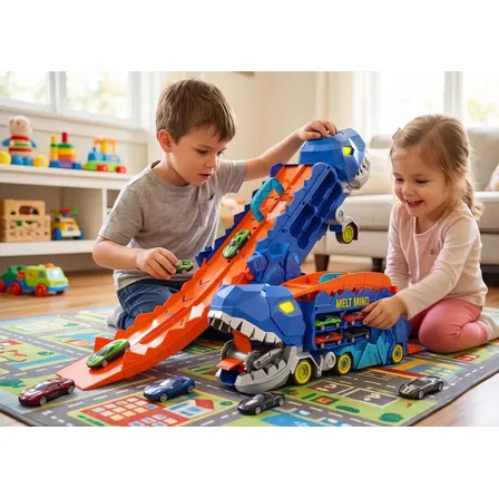 Caminhão Dinossauro T-Rex Engole Carros Corrida Com Pista Vertical Lançador Maleta Estacionamento Garagem Inclui Miniaturas Carrinhos Brinquedo Infantil Para Meninos Presente Aniversário Melt Mind