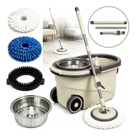 Mop Giratório Kit Limpeza Balde 16l Cabo Inox 1,2m Com 4 Refis Chenille, Algodão E Escova Para Piso Cerâmico E Porcelanato Residencial Marrom