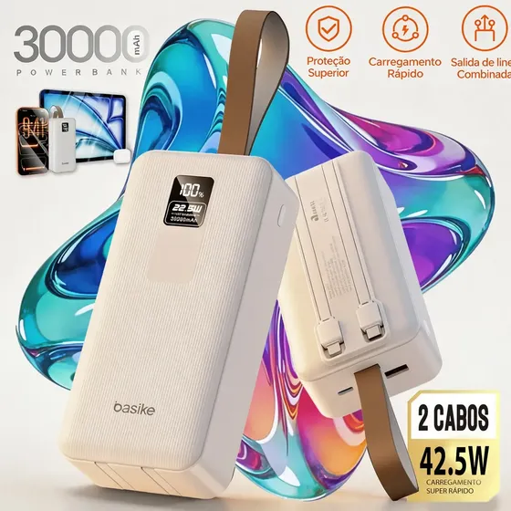 Basike Power Bank 30000mAh Com Carga rápida Turbo 42.5w Cabo e Digital para Celular Universal Para Celulares iPhone 17/16/15/14/13/12 Samsung Galaxy S24/S23/S22/S21/A55/A54 Motorola Mo