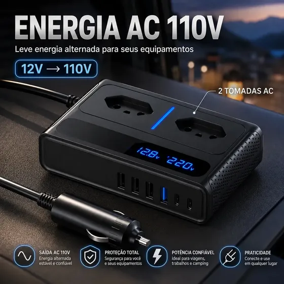 Inversor Veicular NTESX 12V para 600W Conversor de Energia com 2 Tomadas 6 USB USB-C PD Fast Charge para Carro Motorhome