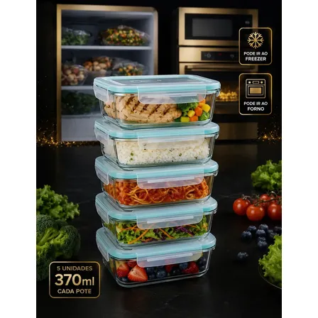 Kit 5 Potes Retangulares Marmita Vidro Hermético 370ml Free Freezer Microondas Forno Resistente e Com Vedação