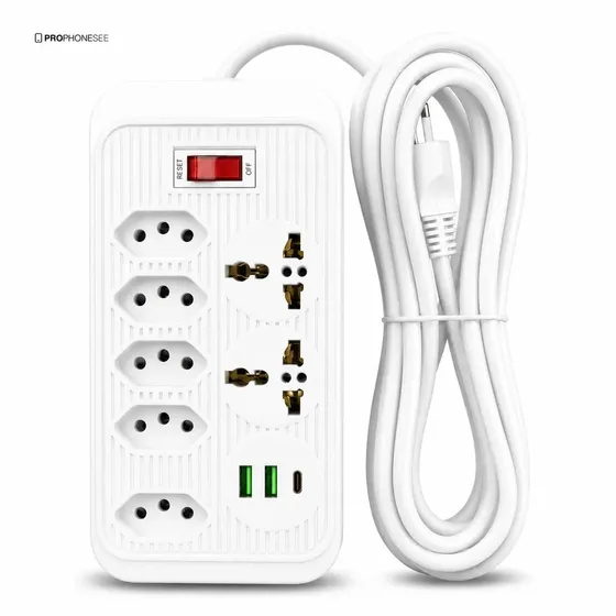 Extensão Elétrica 5 Tomadas 2 USB 1 Tipo C Pd Filtro de Linha com Proteção de Sobrecarga Tomada Universal Tripolar Cabo 5 metro Régua Energia Com Interruptor De Segurança Protetor De Surto Bivolt
