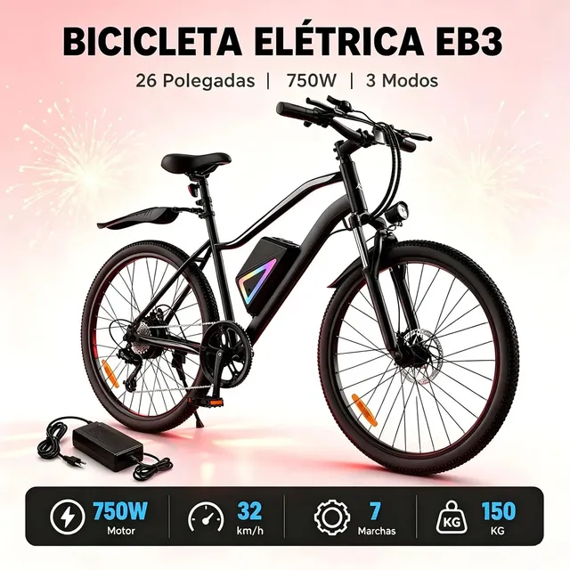Bicicleta Elétrica Xroymexroy EB3 26" 750W 40km Autonomia com Bateria 36V, Suspensão Dianteira, 7 Marchas e APP Voltix