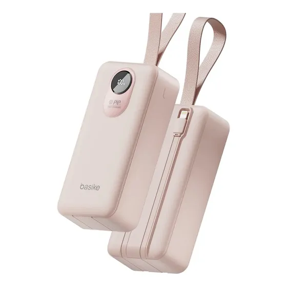 Power Bank Basike 30.000mAh Portátil, Carregamento Rápido 22.5W, com Cabos Embutidos e Display LED para iPhone e Samsung Rosa
