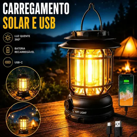 Lampião Lampada Led Camping Recarregável Carregamento Placa Solar Usb Lanterna De Mão Acampamento Luminária Lamparina... Preto 127/220v