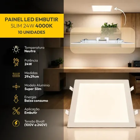 Kit 10 Painel Led Plafon Aluminio Embutir 24w 4000k Branco Neutro 29x29cm Quadrado Cod: Alut190074-10 Alut By Avant 127/220v