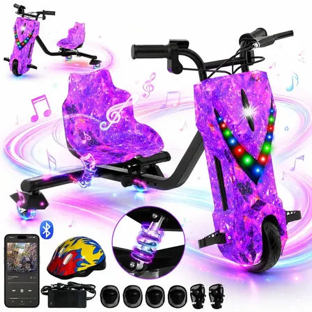Patinete Elétrico Triciclo Drift Infantil 350W 36V Bluetooth LED 3 Velocidades Motor Brushless Luzes RGB Freio Manual Capacete Kit Proteção Bateria Lítio Ajustável Até 100kg Roxo Galáxia
