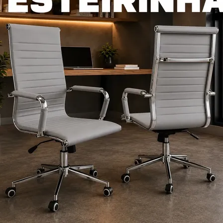Cadeira de Escritório Pluggei Select 626H Ergonômica Giratória com Couro Sintético Cinza