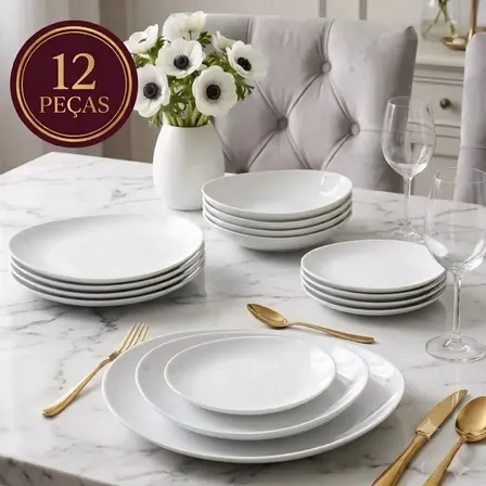 Aparelho Jogo Kit De Jantar 12 Peças Opalino Branco Concavo Pratos E Bowl Mesa Moderno Liso Resistente Sólar Lisa