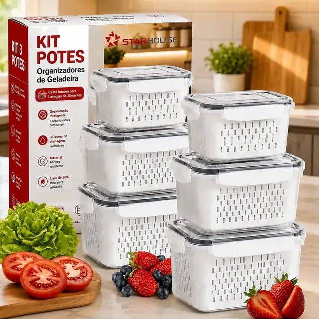 Kit 6 Organizadores Geladeira Alimentos Legumes Verduras Frutas Transparente Com Tampa Trava Hermético Escorredor - Starhouse