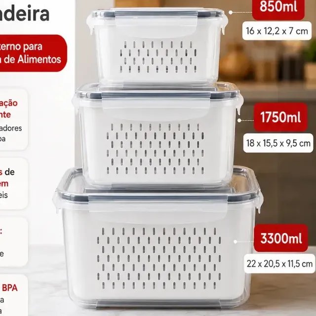 Kit 3 Organizadores Geladeira Alimentos Legumes Verduras Frutas Transparente Com Tampa Trava Hermético Escorredor - Starhouse Kit C/ 3