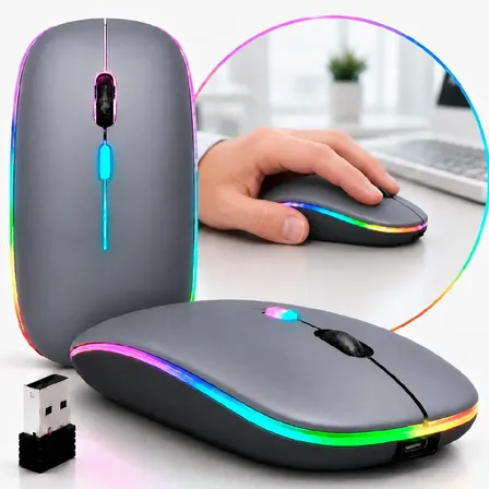 Mouse Sem Fio Recarregável Wireless Optico Led Rgb Ergonômico Sem Fio Para Pc Desktop Notebook Tablet Smartphone Cinza