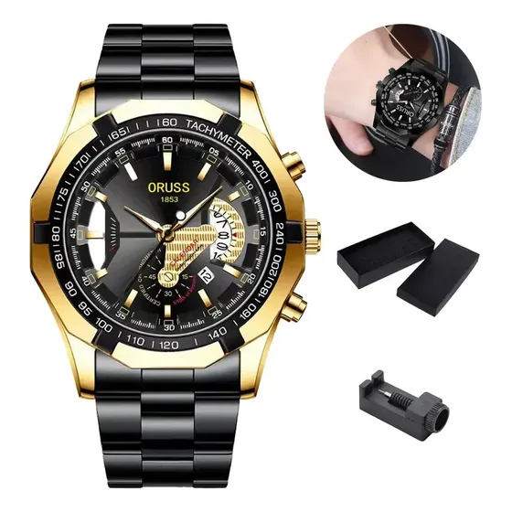 Oruss Relogio Digital Masculino À Prova D'água Bq Preto Fundo Preto-ouro Dourado