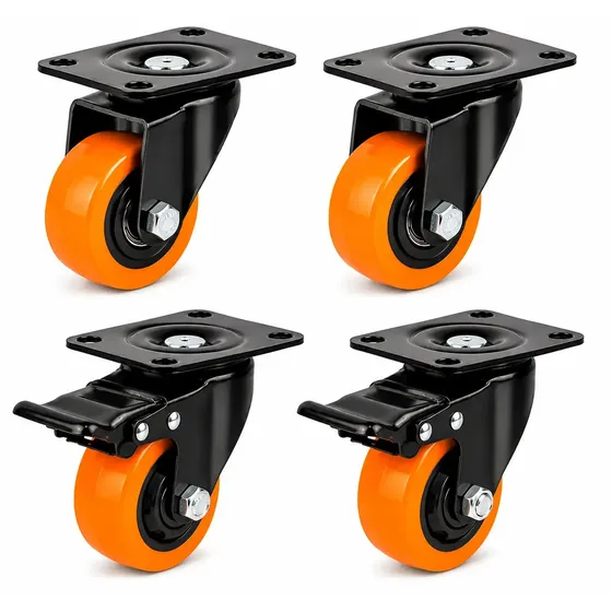 Kit 4 Rodinhas Rodízio Roda Para Moveis Giratórias Com Freio Reforçada Capacidade 400kg 50mm 2 Polegadas Laranja