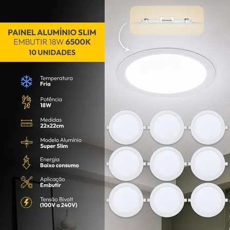 Kit 10 Painel Led Plafon Aluminio Embutir 18w 6500K Branco Frio 22cm Redondo Cod: ALUT001983-10 Alut By Avant