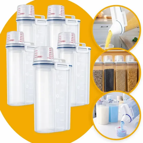 Conjunto 5 Potes Hermeticos 2,5 Litros Dispenser De Armazenamento De Grãos Cereais Ração Sabão Com Copo Medidor E Bico Dosador Com Travas Dispenser Alimento Pote Multiuso 2,5 Litros Drop Shopy
