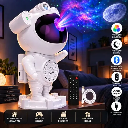 Luminária Projetor Astronauta Lua Galáxia Estrelas Led Bluetooth Efeitos Coloridos Caixa De Som Integrado 360° Ajustável Controle Remoto Perfeito Para Dormir Abajur Luminaria De Mesa Branco 127/220v