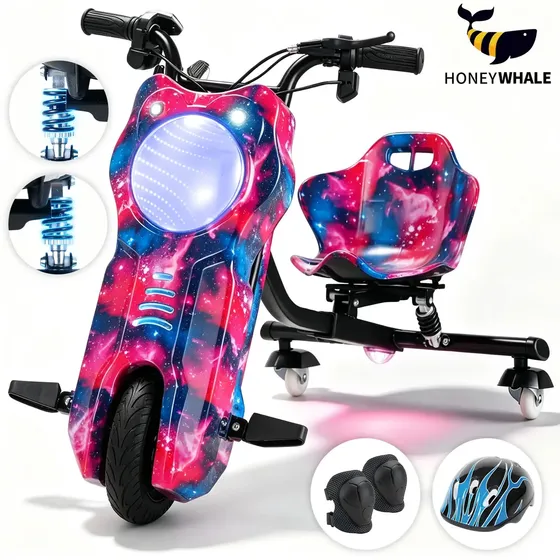 Triciclo Elétrico Drift Honeywhale 007B com Luzes, Som e Suspensão Para Menino e Menina