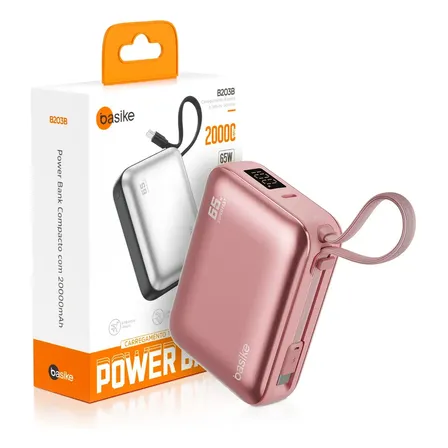 Power Bank Basike 20000mAh para Notebook e Celular com Cabo USB-C 65W Rosa