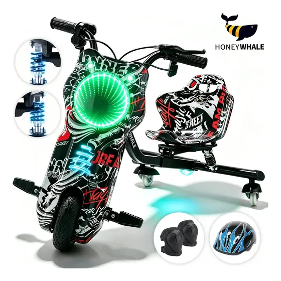 Triciclo Elétrico Drift Honeywhale 007B com 350W, Som Bluetooth e LED, Preto