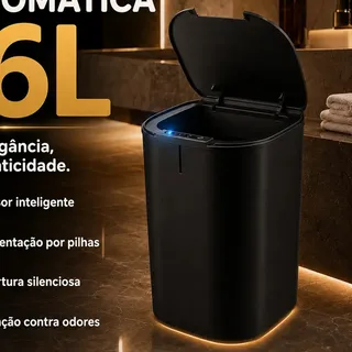 Lixeira Inteligente 16L Preta a Pilha com Sensor Infravermelho e Tampa Touch Automática para Cozinha