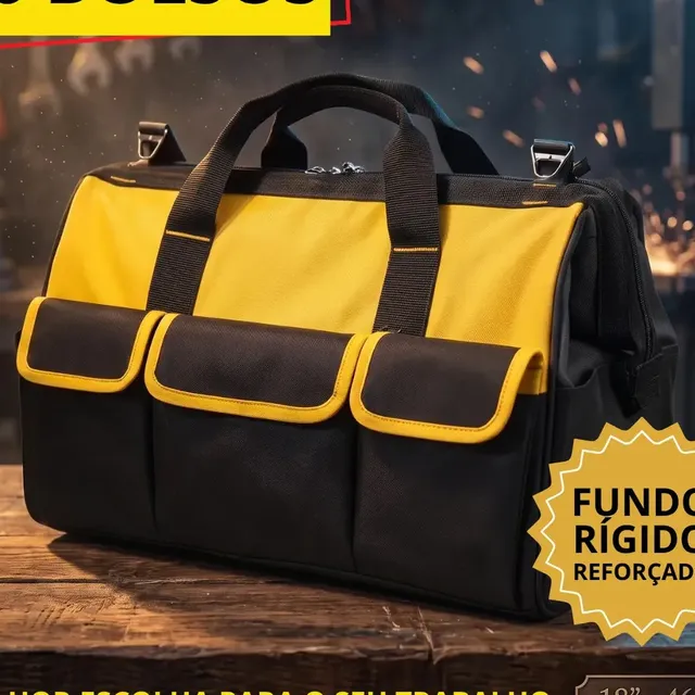 Bolsa Ferramentas Grande Reforçada Maleta Lona 16 Bolsos Fundo Resistente Eletricista Encanador Mecânico Hobista Manutenção Predial Porta Ferramenta Profissional Alça Reforçada Preto/amarelo Spirobol
