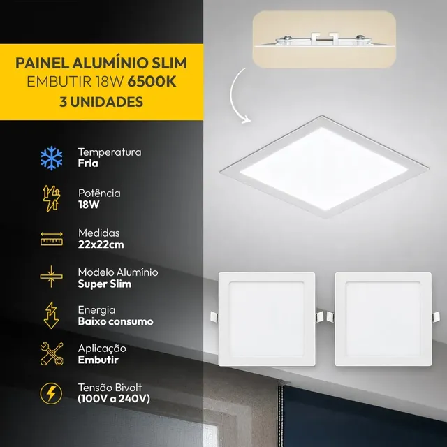 Kit 3 Painel Led Plafon Aluminio Embutir Quadrado 6500k Branco Frio 18w 22x22cm 127/220v
