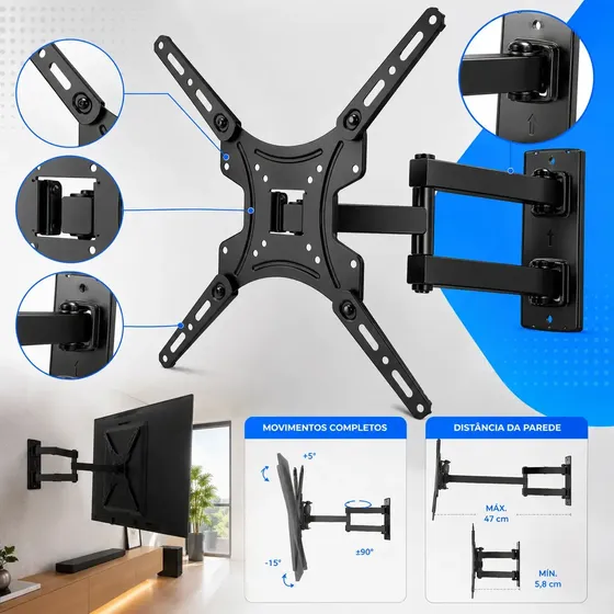 Suporte De Tv Universal Tri - Articulado 14 A 58 Polegadas Braço Longo Reforçado Regulável E Inclinável Tv Para Telas Lcd Led Plasmas Cor Preto - Diggicom