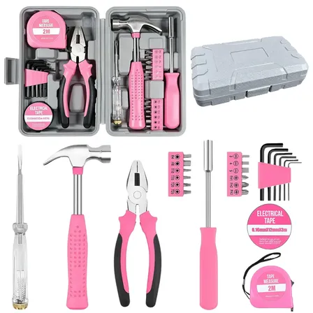 Kit De Ferramentas Multifuncional Rosa Com Maleta - 24 Peças Para Casa